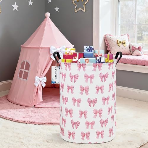 Round Large Pink Bow Print Waterproof Laundry Hamper - Image 6