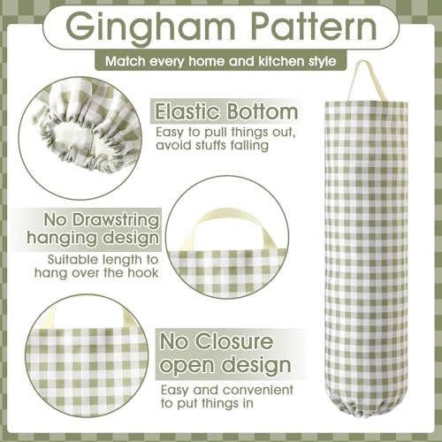 Gingham Plastic Bag Holder for Grocery Bag, Sage Green - Image 4