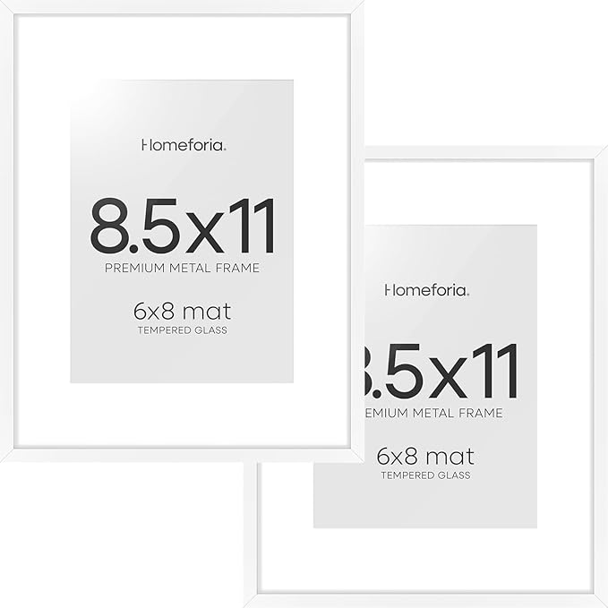 Homeforia White Picture Frame 8.5 x 11, High End Metal 8.5x11 Poster Frames with Mat 6x8 Photo, 8.5 x 11 Frame Matted to 6 by 8 Art, 8.5by11 Wall or Tabletop Frames, Tempered Glass, Wall Kit, Set of 2
