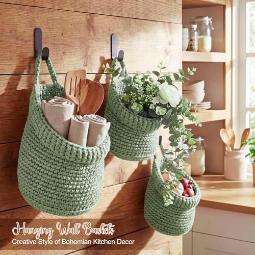 Honeydak 3 Hanging Baskets, Sage Green, Cotton Rope - Image 4