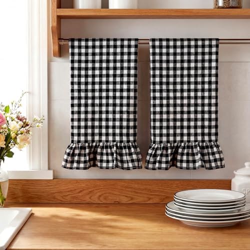 HunnmingRe 2 Pcs Matte Black Gingham Kitchen Towels Cotton Ruffled - Image 6