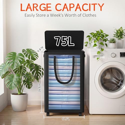 Slim Laundry Hamper with Wheels, 20 Gal Rolling Laundry Basket with lid and - Image 2