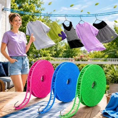 Portable Clothesline for Outdoor & Home, 3 Pack Windproof Non-Slip Clothesline by Skeayid