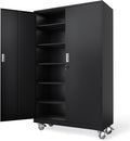 VINGLI Large Metal Storage Cabinet with 2 Doors and 5 Adjustable Shelves, Upgraded Height & Wide & Deep, 43''W x 20''D x 72''H, Oversized Garage Storage Cabinet with Wheels and Locks (Black)