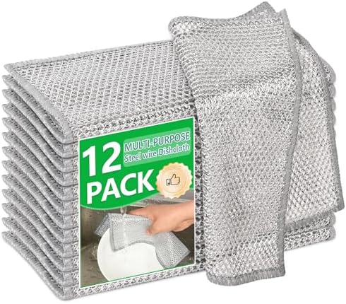 12Pcs Non Scratch Wire Dish Cloth, Steel Mesh Dishcloths, Scrub Cloths by LESSISMORE