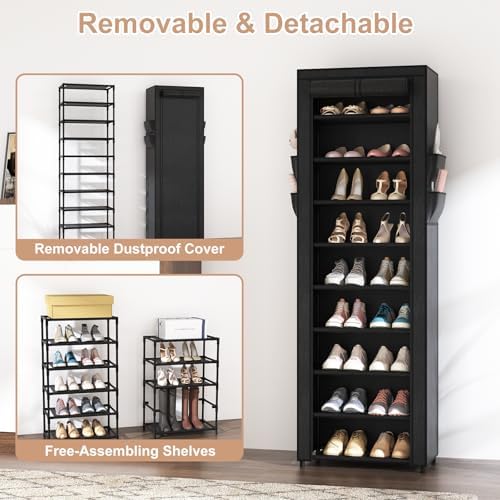 VILICK Shoe Rack with Cover Narrow Shoe Organizer with 4 Side Pockets 10 Tier - Image 6