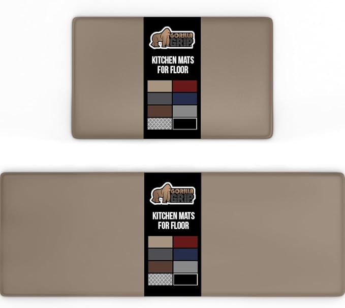 GORILLA GRIP 2 Pack Comfortable Cushioned Kitchen Mats for Floor, 17x24 + 17x48, Waterproof and Stain Resistant, 1/2 Inch Thick Soft Ergonomic Standing Desk Anti Fatigue Mat, Foam Supports Feet, Beige
