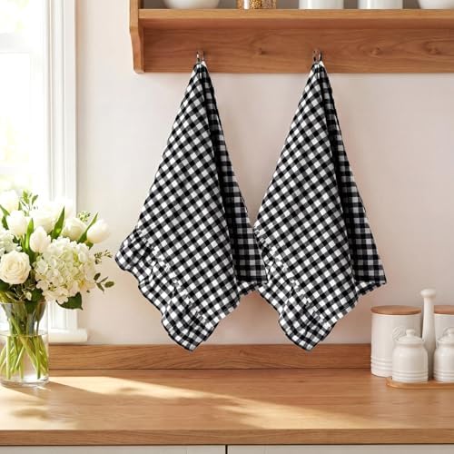 HunnmingRe 2 Pcs Matte Black Gingham Kitchen Towels Cotton Ruffled - Image 5