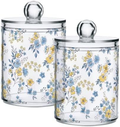 2 Pack Apothecary Jars Bathroom Blue Yellow Floral Qtip Holder Dispenser Clear by Unknown