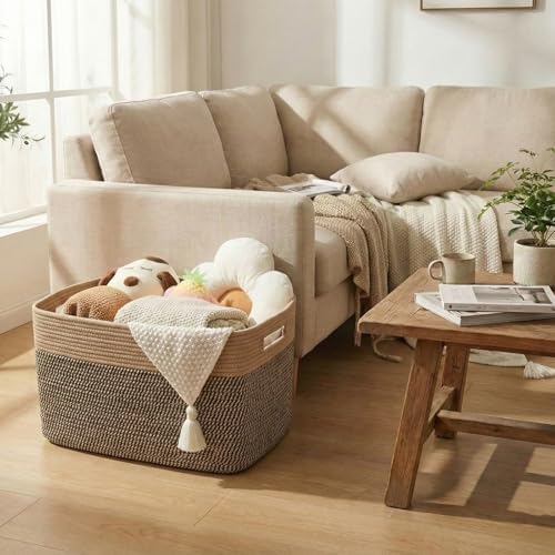 JMvicyroam 65L Large Woven Cotton Rope Blanket Basket, Jute&Black - Image 2
