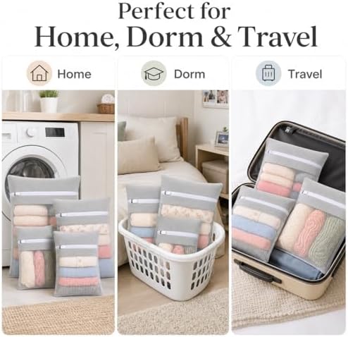 Gray 5-piece set in bags, durable cotton mesh laundry bags, sturdy zipper - Image 3