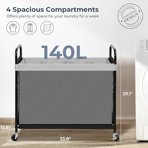 STO STO Laundry Hamper 4 Section, 140L Rolling Laundry Sorter Cart - Image 5