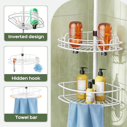 HAMITOR Rustproof Bathtub Corner Shelf, 4-Tier Shower Caddy Tension Pole - Image 4