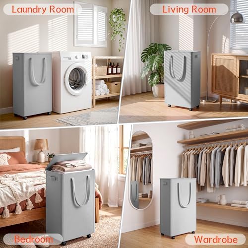 Slim Laundry Hamper with Wheels, 20 Gal Rolling Laundry Basket with lid and - Image 5