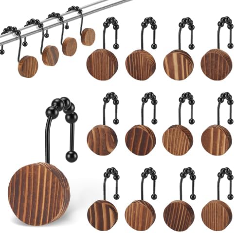 Wood Shower Curtain Hooks, Boho Shower Curtain Rings Decorative, Free Sliding by Unknown