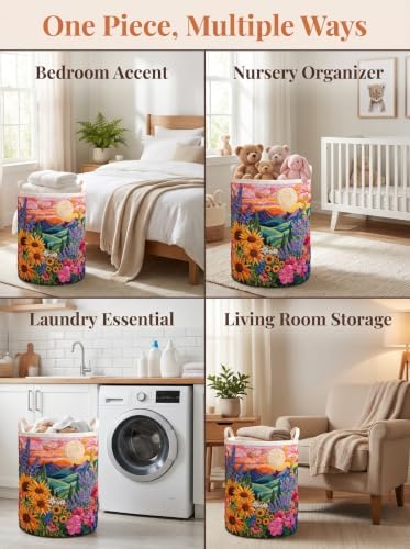 Quilted Laundry Basket with Handles, Boho Floral Quilted Storage Hamper - Image 3