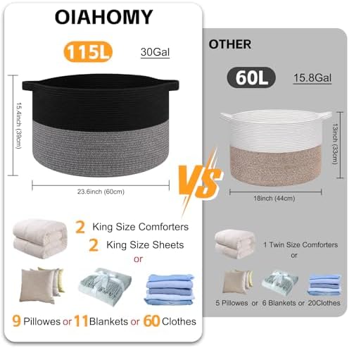 OIAHOMY 115L Extra Large Blanket Basket Living Room Laundry Basket Gray - Image 2