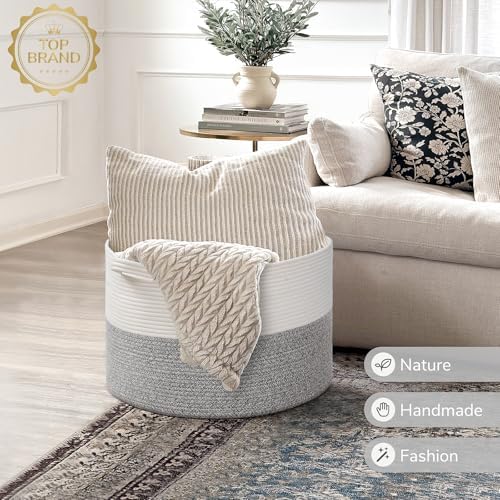 INDRESSME Large Woven Rope Blanket Basket Living Room Light Grey - Image 7