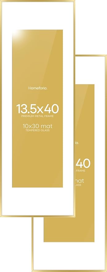 Homeforia 13.5x40 Panoramic Frame Gold, High End Metal 13.5x40 Picture Frames with Mat 10x30 Photo, 13.5 x 40 Poster Frames Matted to 10 by 30 Print, 40x13.5 Frames, Tempered Glass, Wall Kit, Set of 2