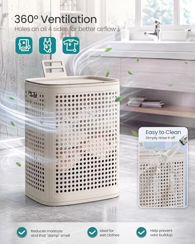 SONGMICS Laundry Hamper with Lid, 75 L Ventilated Basket, Cutout Handles - Image 3
