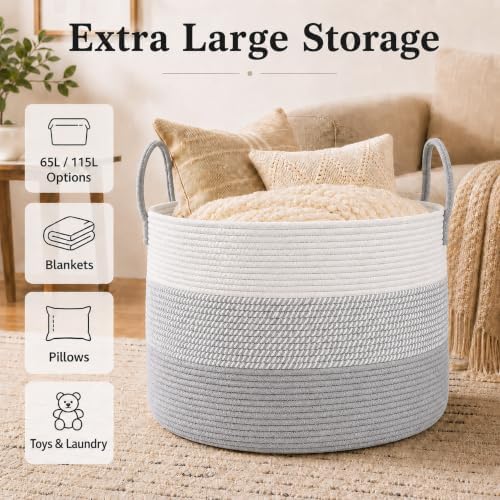 JMvicyroam 65L Extra Large Machine Washable Cotton Rope Blanket Basket - Image 2