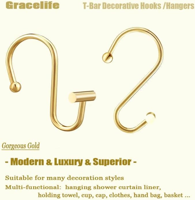 Gracelife Gold Rust Resistant Metal Shower Curtain Rings, T-Bar Hooks - Image 4