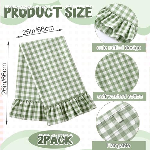 HunnmingRe 2 Pcs Green Gingham Kitchen Towels Cotton Ruffled - Image 2