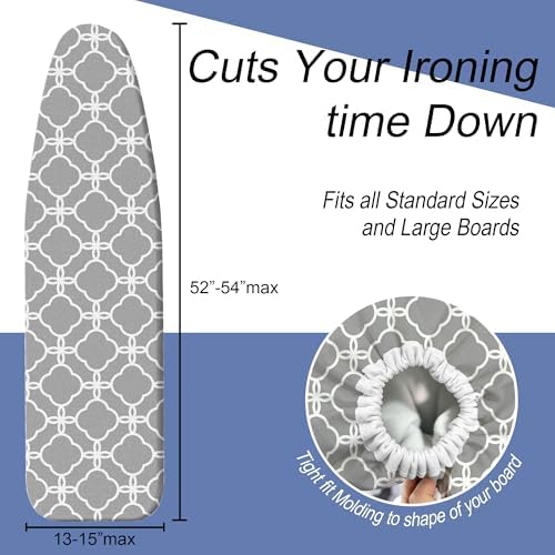 Grey Ironing Board Cover and Pad 15x54 Inch, 100% Cotton Surface Heavy Duty - Image 5