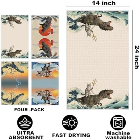 4 Pcs Funny Cat Kitchen Towels, Godzilla Japanese Cats Gifts Hand Towel - Image 2