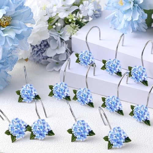 Amyhill 12 Pcs Hydrangea Decorative Shower Curtain Hooks Blue Flower Shower - Image 3