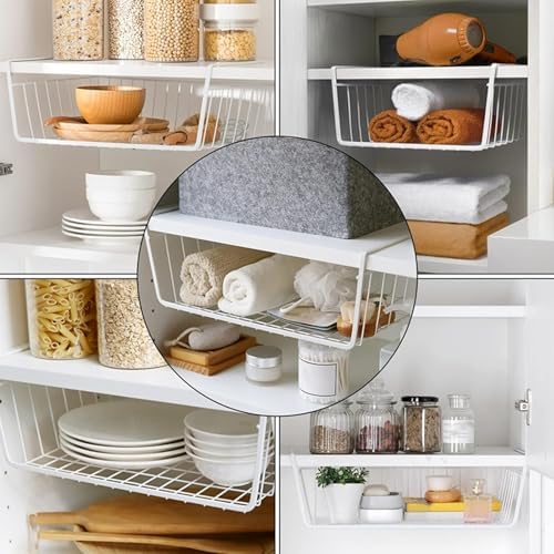 Tebery 4 Pack White Under Shelf Wire Basket Hanging Storage Baskets, Under - Image 3