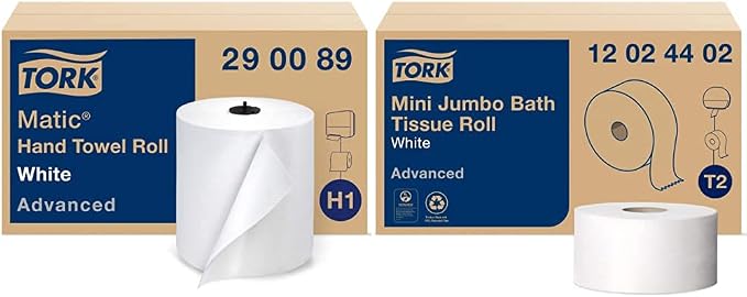 Tork Matic Paper Hand Towel Roll White H1 and Tork Mini Jumbo Toilet Paper Roll by Tork