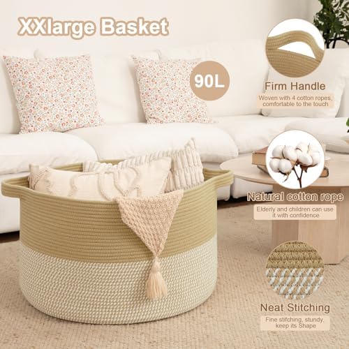 OIAHOMY 90L XXXLarge Blanket Basket Living Room Laundry Basket Jute&White - Image 4