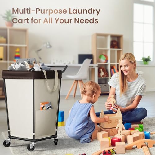 160L Laundry Hamper with Wheels and Handle, 2-Section Rolling Hamper - Image 5