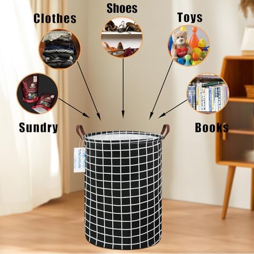 Round Laundry Basket Collapsible Storage Hamper Organizer Black Grid - Image 4