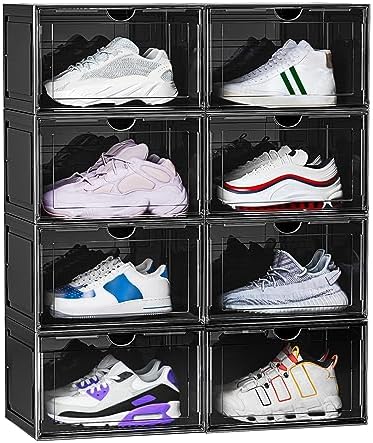 US 12 Clear Entryway Shoe Storage Boxes Stackable XXL, 8 Pack Clear Shoe Boxes by OMOPINSHOEBOX