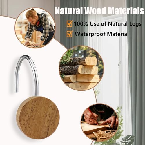 Shower Curtain Hooks, Wood Decorative Shower Curtain Rings, Modern Round Log - Image 2