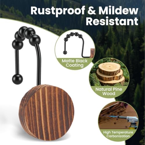 Wood Shower Curtain Hooks, Boho Shower Curtain Rings Decorative, Free Sliding - Image 2