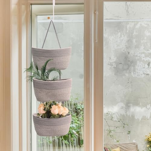 Over the Door Hanging Basket for Organizing 3 Tiers Woven Cotton Rope Wall - Image 2