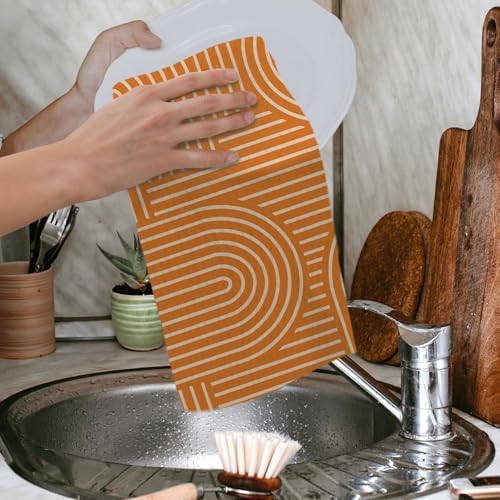 Abstract Boho Orange Kitchen Towels, Minimalist Contemporary Dish Tea Towels - Image 4