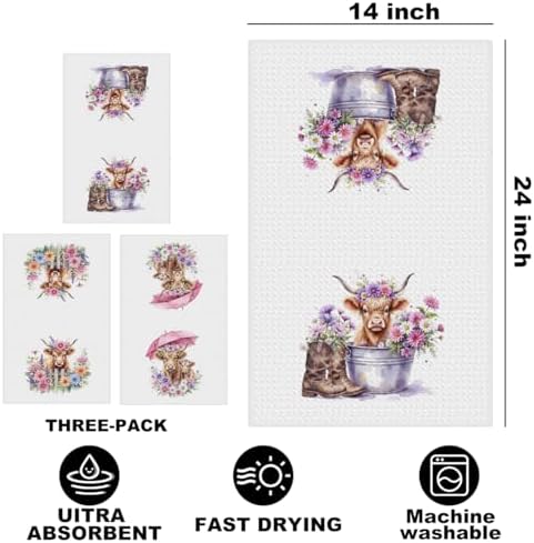 Jztco 3 Pcs Cow Kitchen Towels, Colorful Flower Soft Absorbent Hand Towels - Image 2