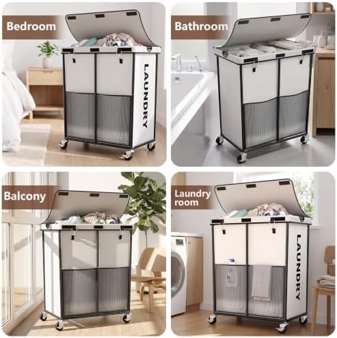 Laundry Hamper with Wheels and Lid, 225L Large Rolling Laundry Basket White - Image 6