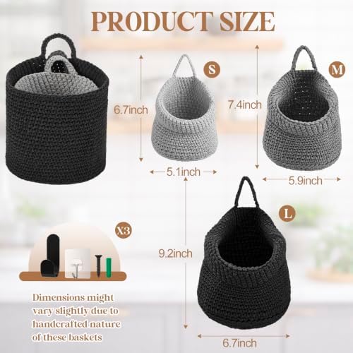 Honeydak 3 Hanging Baskets, Dark Grey, Cotton Rope - Image 2