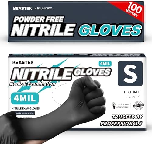 BEASTEK Black Nitrile Exam Gloves, 4 Mil, Powder-Free Food Prep Disposable by BEASTEK