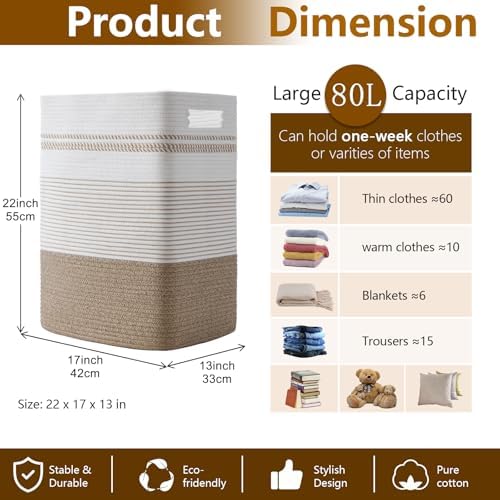 80L Large Cotton Rope Laundry Basket - Image 4