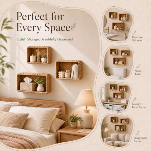 3 Pack Wicker Wall Basket for Bathroom, Rattan Hanging Paper Basket - Image 5