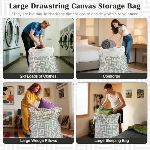 Canvas Laundry Bag with Handles & Drawstring 30"Wx35"H, L+ Geometry Gray - Image 6