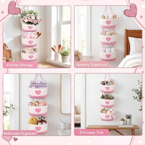 3-tier Heart Theme Cotton Rope Hanging Basket Organizer, Wall Storage Bin - Image 6