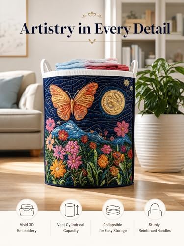 Quilted Laundry Basket with Handles, Boho Floral Quilted Storage Hamper - Image 2