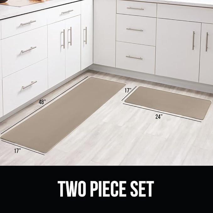 GORILLA GRIP 2 Pack Comfortable Cushioned Kitchen Mats for Floor, 17x24 + 17x48, Waterproof and Stain Resistant, 1/2 Inch Thick Soft Ergonomic Standing Desk Anti Fatigue Mat, Foam Supports Feet, Beige